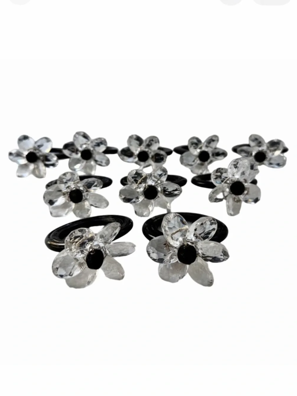Pier 1 Set of 10 Glass Daisy Flower Napkin Rings Black Clear EUC